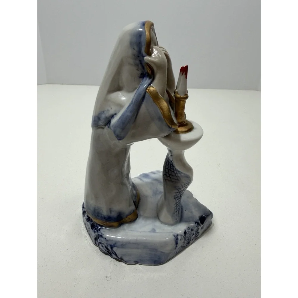 White & Blue Ceramic Sculpture A Woman is Blessing For Shabbat Candles 6.5